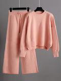 Chicmy-Stylish Loose High-Low Long Sleeves Solid Color Round-Neck Sweater Tops& Wide Leg Pants Two Pieces Set