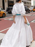 Chicmy-Long Sleeves Loose Belted Pleated Solid Color Lapel Maxi Dresses