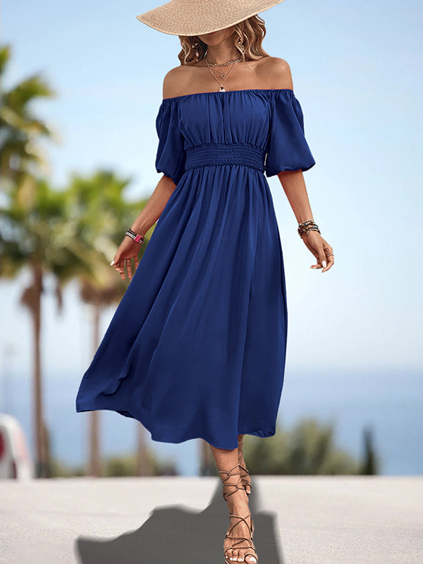 Chicmy-Elasticity Pleated Solid Color Split-Joint A-Line Bishop Sleeve Off-The-Shoulder Midi Dresses