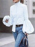 Chicmy-Urban Solid Color Stand Collar Puff Sleeves Blouse