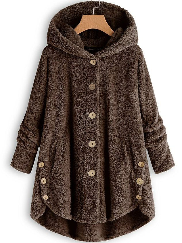 ChicmyWomen Cozy Fleece Hooded Fuzzy Asymmetrical Hem Button Teddy Bear Coat