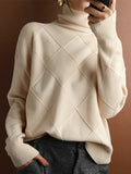 Chicmy-Casual Loose Solid Color Striped High-Neck Long Sleeves Sweater Tops