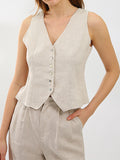 Chicmy-Solid Color Buttoned Deep V-Neck Sleeveless  Vest Top + Pleated Straight Leg Pants Bottom Two Pieces Set