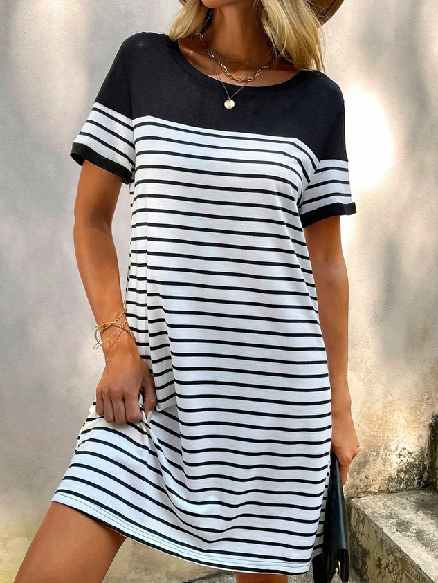 Chicmy Loose Casual Crew Neck Striped Dress With