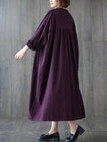 Chicmy-Pleated Solid Color Loose Puff Sleeves Stand Collar Midi Dresses