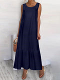 Chicmy- Casual Sleeveless Loose Solid Color Crew Neck Maxi Dress