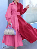 Chicmy-Contrast Color Pleated Split-Joint Tied Waist Loose Puff Sleeves Lapel Midi Dresses