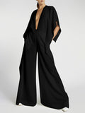 Chicmy-Loose Half Sleeves Solid Color Deep V-Neck Jumpsuits