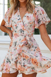 CHICMY-Women's Spring and Summer Outfits, Casual and Fashionable Swingy  Ruffle Sleeve  Floral Printed  Beach  Mini  Wrap  Dress