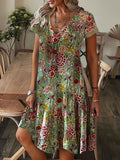 Chicmy- V-neck Loose Floral Print Vacation Short Sleeve Short Dress