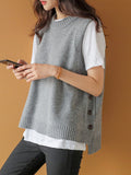 Chicmy-Fall Outfits Simple Sleeveless Loose Buttoned Solid Color Round-Neck Sweater Vest Outerwear