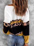 Chicmy-Women's Sweater Leopard Color Block V-Neck Rib-Knit Sweater