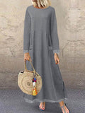 Chicmy- Casual Solid Color Stitching Round Neck Long Sleeve Maxi Dress