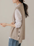 Chicmy-Fall Outfits Simple Sleeveless Loose Buttoned Solid Color Round-Neck Sweater Vest Outerwear