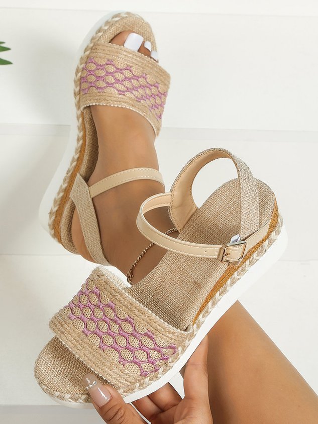 ChicmyVacation Embroidered Woven Linen Espadrille Wedge Sandals
