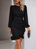 CHICMY-Graduation gift, graduation evening dress Solid Color Falbala Puff Sleeves Long Sleeves Mini Dresses