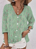 Chicmy-Buttoned Flower Print Long Sleeves Loose V-neck Blouses&shirts Tops