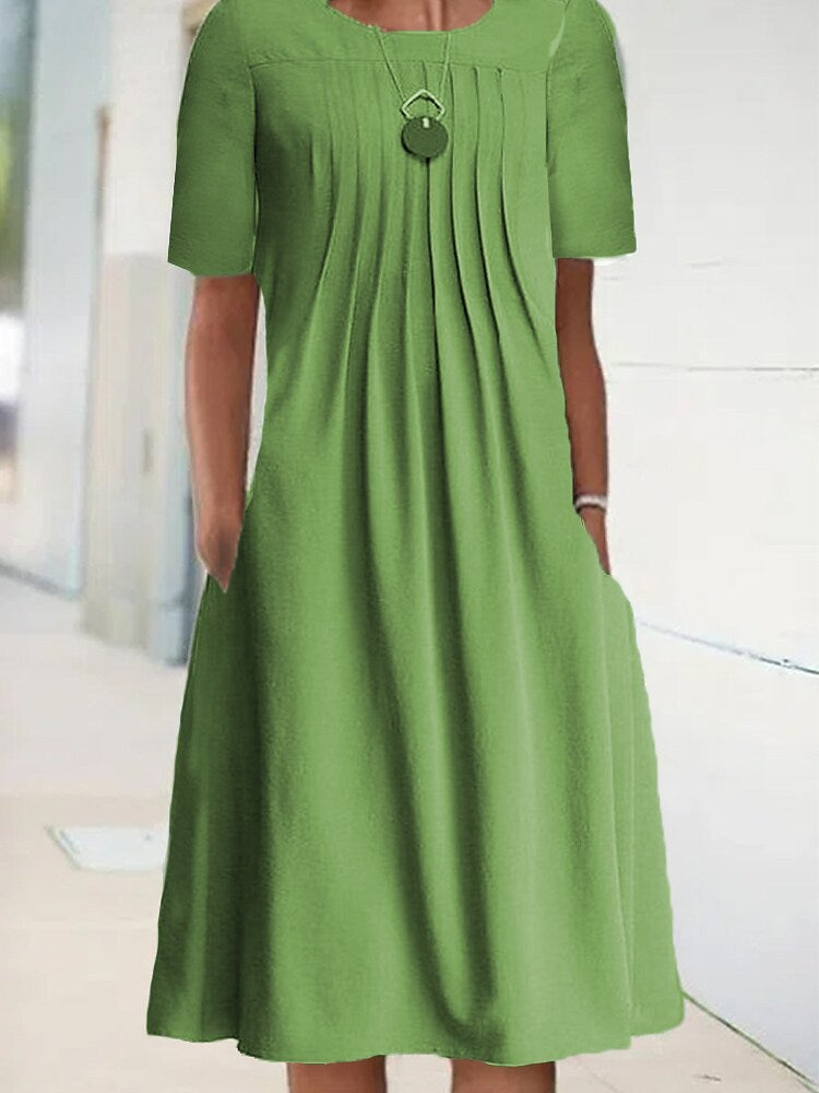Chicmy- Round Neck Casual Loose Solid Color Short Sleeve Midi Dress