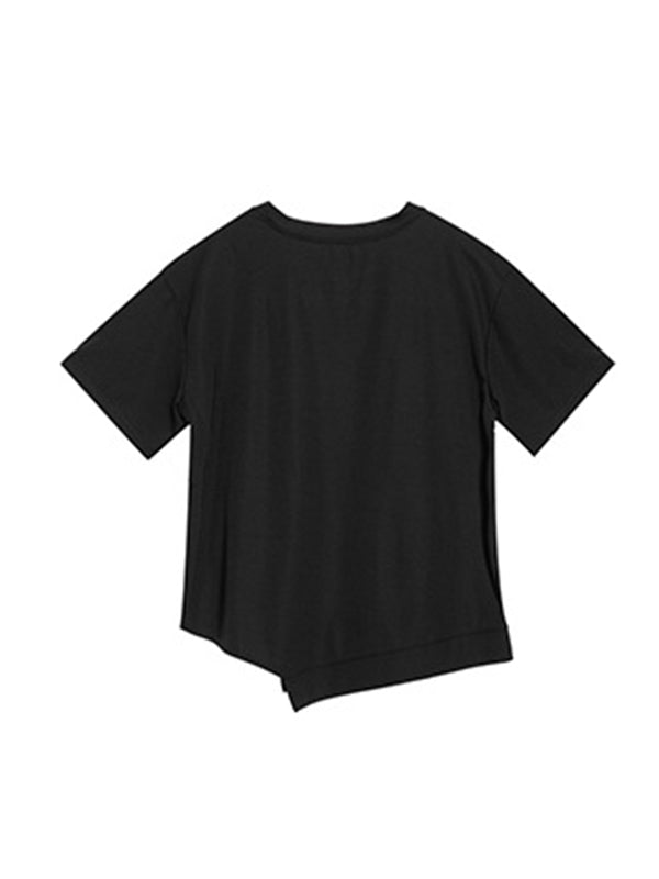 Chicmy-Asymmetric Solid Color Split-Joint Loose Short Sleeves Round-Neck T-Shirts Tops