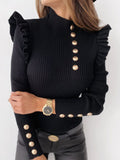 Chicmy-Buttoned Falbala Split-Joint Long Sleeves Skinny High-Neck Sweater Tops Pullovers