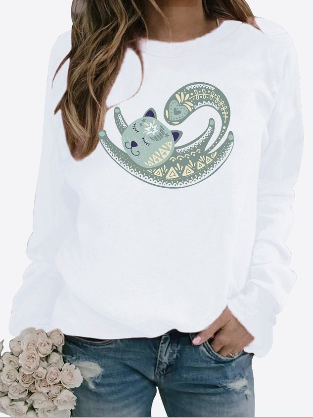 ChicmyCasual Paisley Cat Pattern Long Sleeve Pullover Sweatshirt Everyday Versatile Women's Clothing