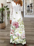 Chicmy- Round Neck Casual Loose Floral Print Lace Panel Long Sleeve Maxi Dress