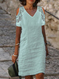 Chicmy- Lace V-neck Cotton Linen Short Dress