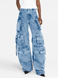 Chicmy-Pleated Pockets Split-Joint Streamer Loose Jean Pants Bottoms