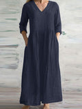 Chicmy- V-neck Casual Loose Solid Color Long-sleeved Maxi Dress