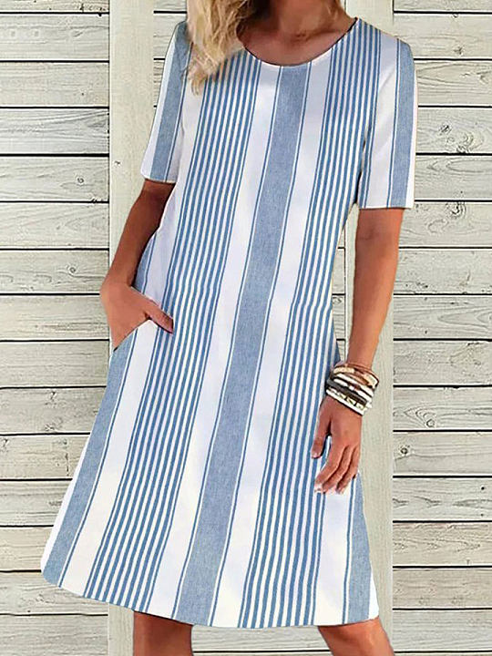Chicmy- Round Neck Casual Loose Striped Vacation Short Sleeve Short Dress