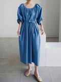 Chicmy-Original Casual Loose Solid Color Pleated Puff Sleeves Midi Dress