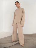 Chicmy-Casual Solid Color Irregularity High-Neck Sweater& Wide Leg Pants Suits