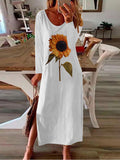 Chicmy- Sunflower Plant Printed Side Slit Long Sleeve Maxi Dress