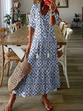 Chicmy- Casual Loose V-Neck Printed Short Sleeve Maxi Dress