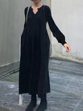 Chicmy-Causal Loose Solid Color Pleated V-Neck Long Puff Sleeves Sweater Dress