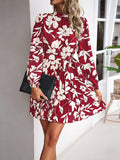 CHICMY-Graduation gift, graduation evening dress Tied Waist Pleated Flower Print Loose Long Sleeves Mock Neck Mini Dresses