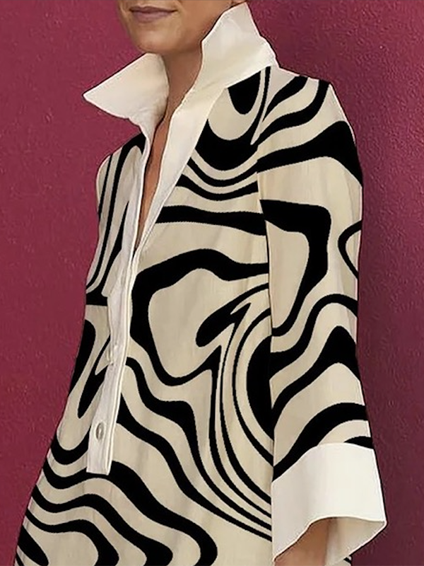 Chicmy-Long Sleeves Loose Contrast Color Zebra-Stripe Lapel Collar Mini Dresses