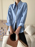 Chicmy-Fashion Long Sleeves Solid Color Zipper Lapel Collar Blouses